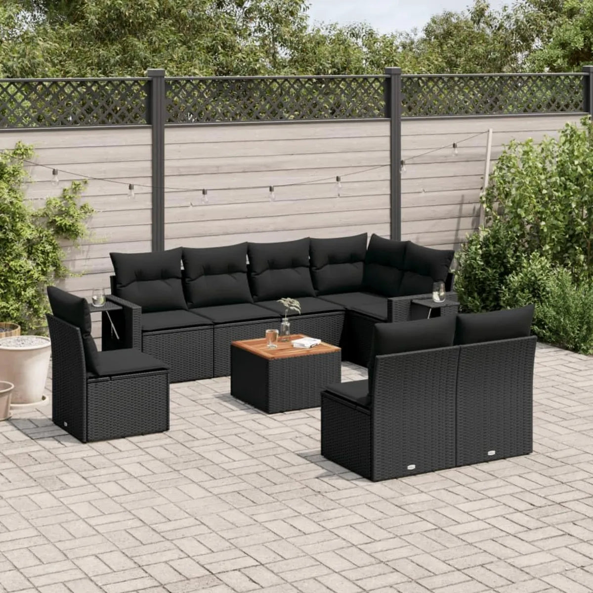 Conjunto de Sofás de Jardín 9 Piezas de Ratán Sintético con Cojines Negros para Exterior