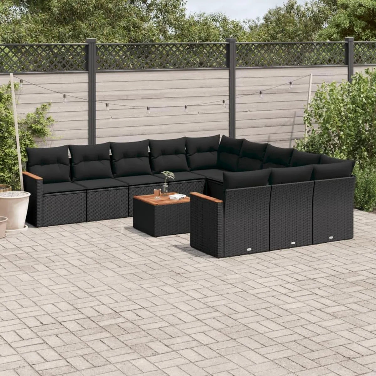 Conjunto de Sofás Cama para Exterior de 12 Piezas con Cojines Negros de Ratán Sintético