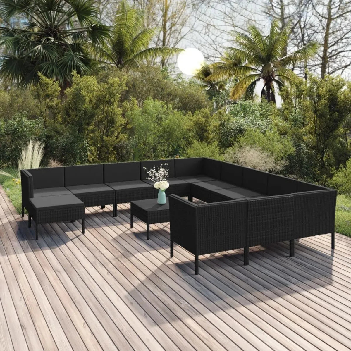 Conjunto de Muebles de Jardín de Ratán Negro con Cojines, Sofá Exterior Modular para Terraza y Balcón