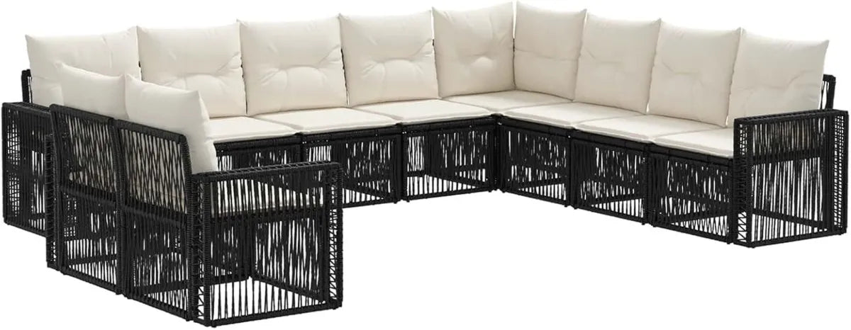 Conjunto de Muebles de Jardín Modular 10 Piezas, Negro y Crema, Sofás Exteriores Resistentes al Clima con Cojines