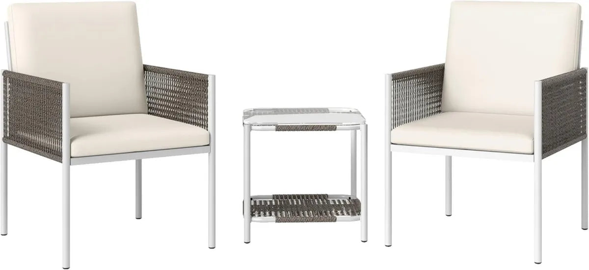Set de Jardín Outsunny 3 Piezas: Mesa y Sillas de Ratán con Cojines, Marrón y Crema