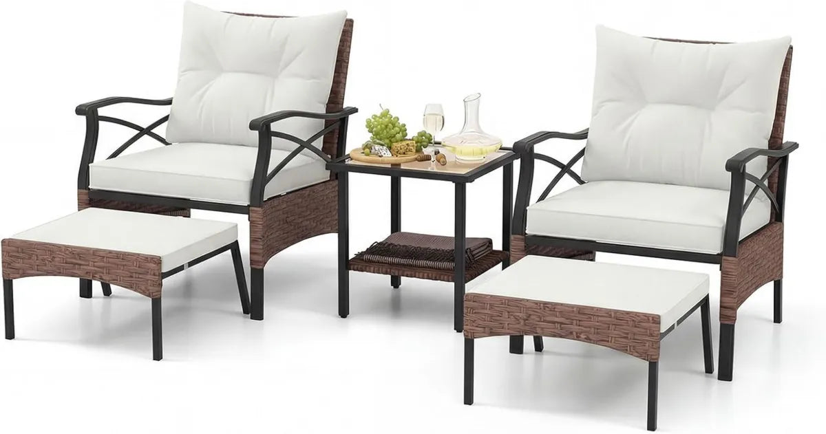 Set de Muebles de Jardín de Ratán 5 Piezas con Mesa de Vidrio y Cojines Desmontables