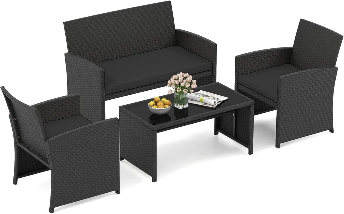 Juego de Muebles de Jardín de Ratán para Exterior de 4 Piezas, Sofá de 2 Plazas y Mesa de Centro, Conjunto de Conversación para Terraza, COSTWAY (Negro)
