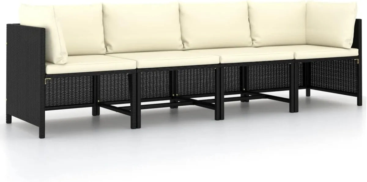 Conjunto de Sofá de Jardín para 4 Personas con Cojines, Muebles para Terraza de Ratán Sintético Negro