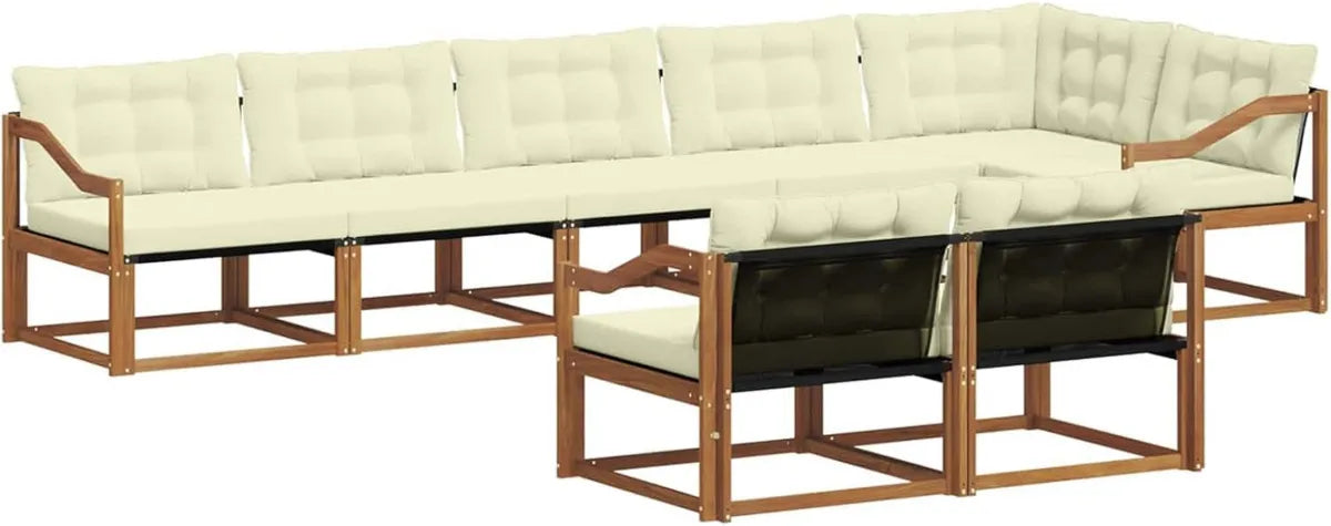 Conjunto Modular de Sofás de Madera de Acacia para Exterior, 8 Piezas con Cojines, Color Crema y Natural para Jardín y Terraza
