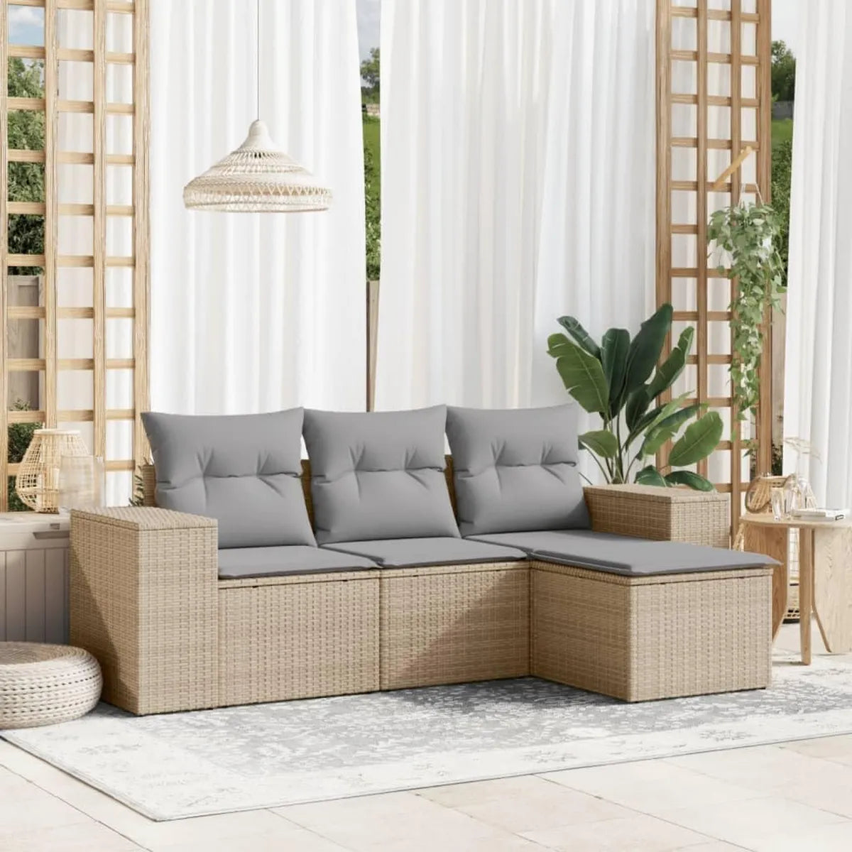 Conjunto de Sofá de Jardín Moderno de Ratán Beige 4 Piezas con Cojines