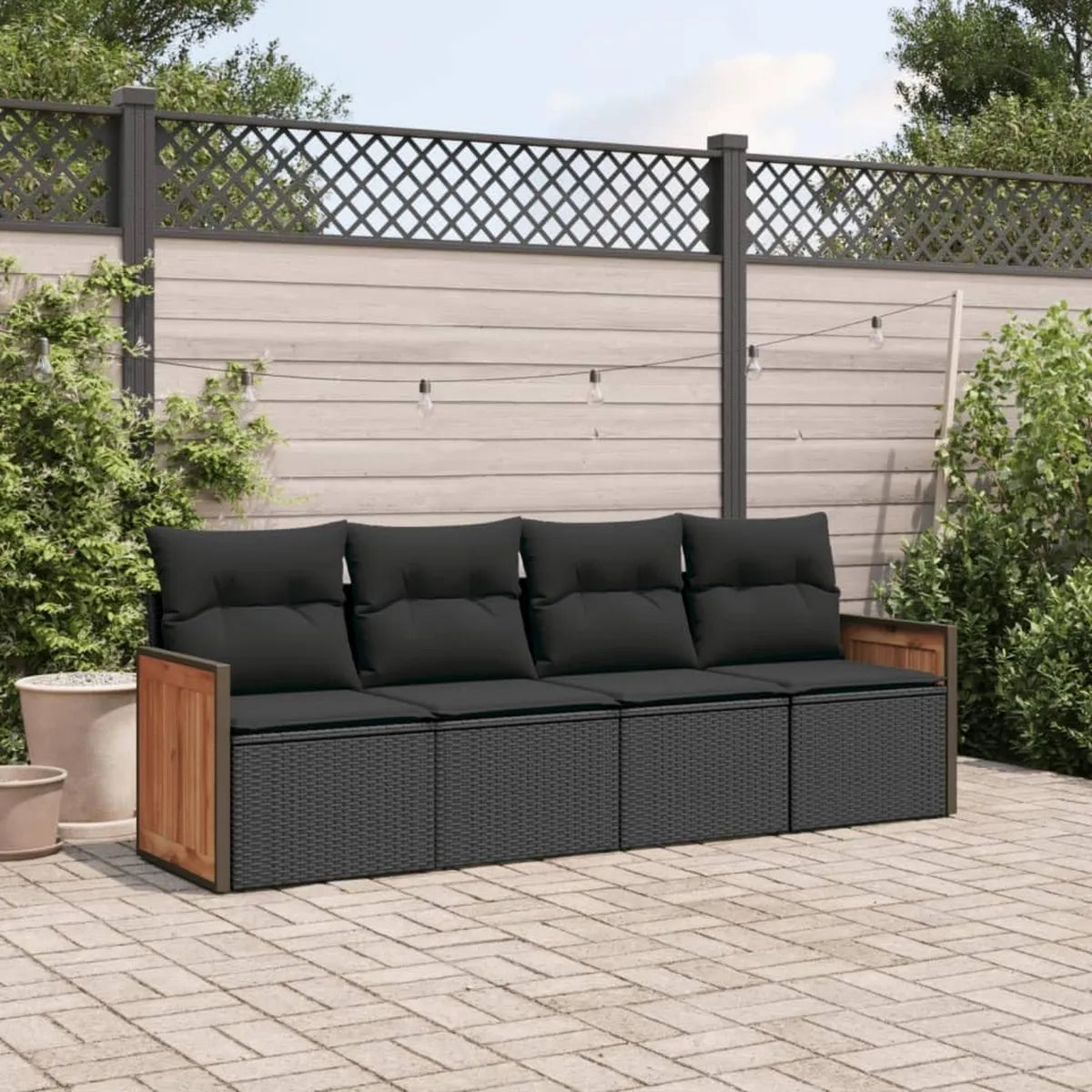 Set de Sofás de Jardín Exterior Moderno de 4 Piezas con Cojines Negros de Ratán Sintético
