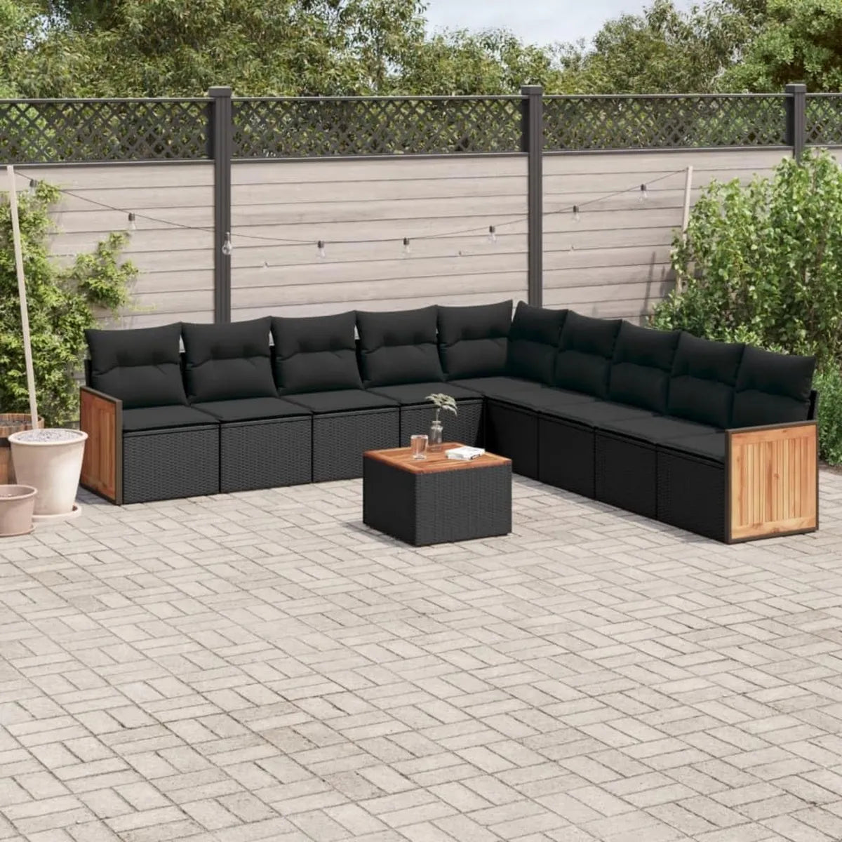 Conjunto de Sofás de Jardín 10 Piezas con Cojines, Ratán Sintético Negro, Exterior Moderno