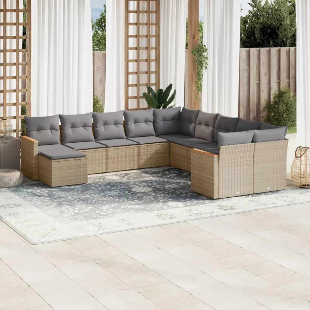 Conjunto de Sofá Cama Exterior 11 Piezas con Cojines Beige de Poliratán para Jardín