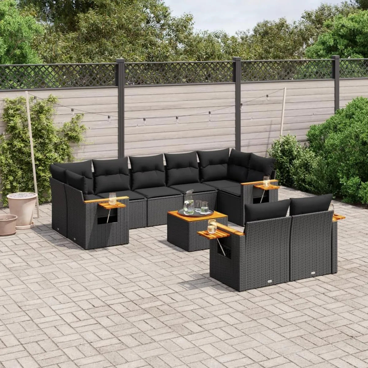Conjunto de Sofás de Jardín de Polirratán Negro con Cojines - 10 Piezas