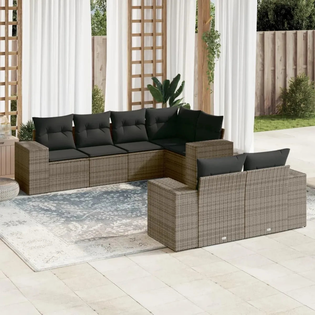 Conjunto de sofá cama exterior moderno para jardín de 7 piezas con cojines grises de ratán sintético