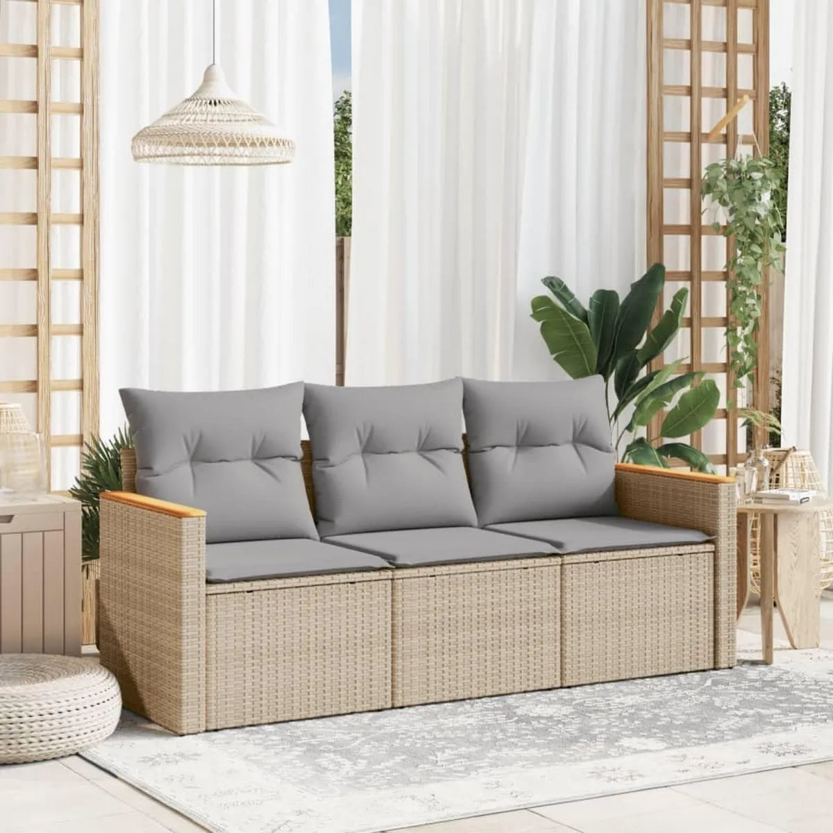 Conjunto de Sofá de Jardín 3 Piezas con Cojines Beige, Polirratán para Exterior