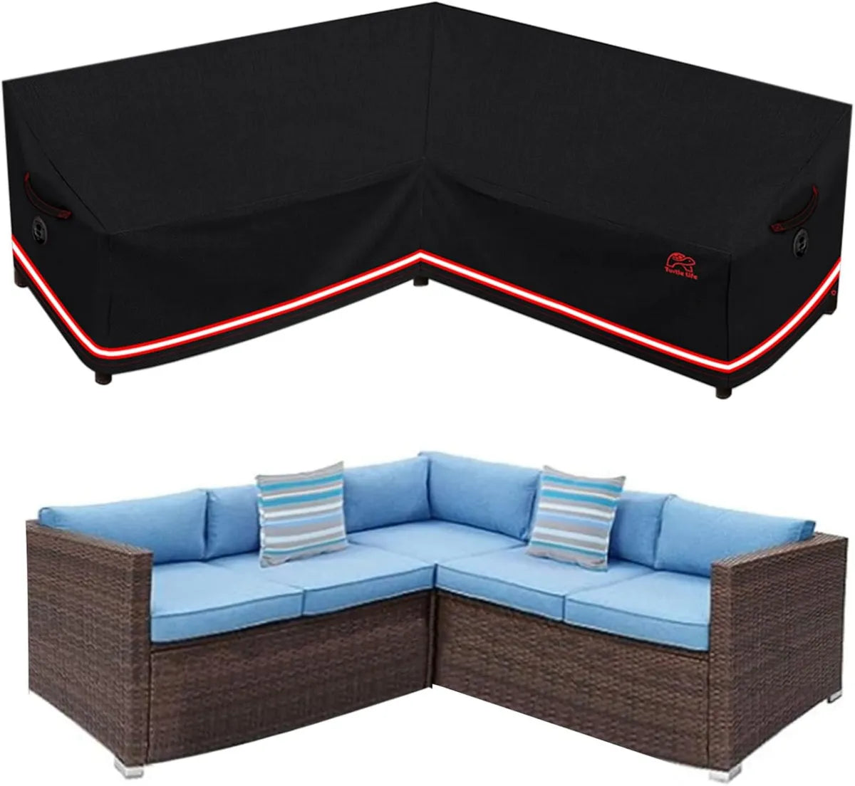 Cubierta impermeable Turtle Life para sofá de jardín, protector negro en forma de V, 228x86x86 cm