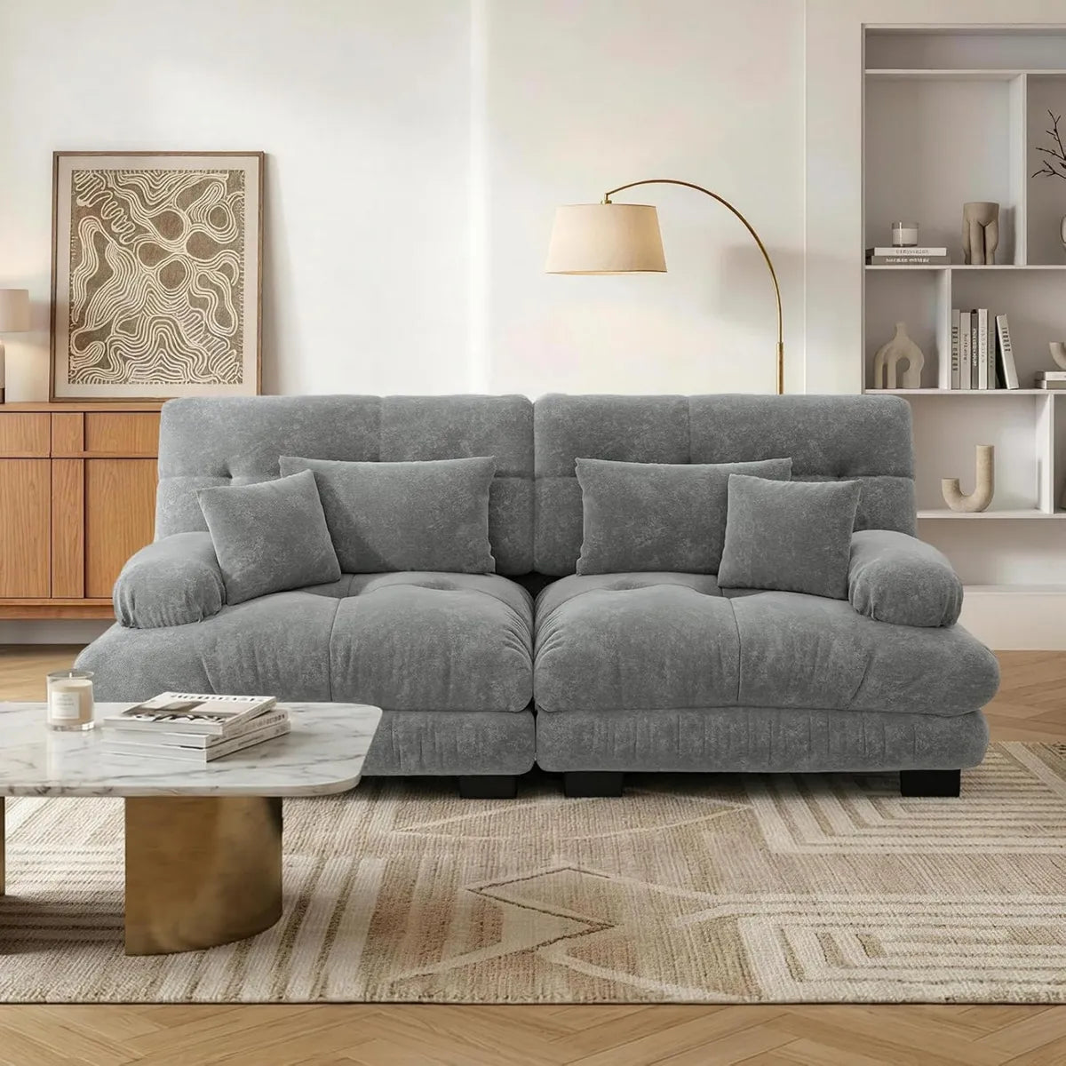 Sofá Modular 2 Plazas 220 cm, Chenilla, Estructura Madera, Reposabrazos, Gris Moderno