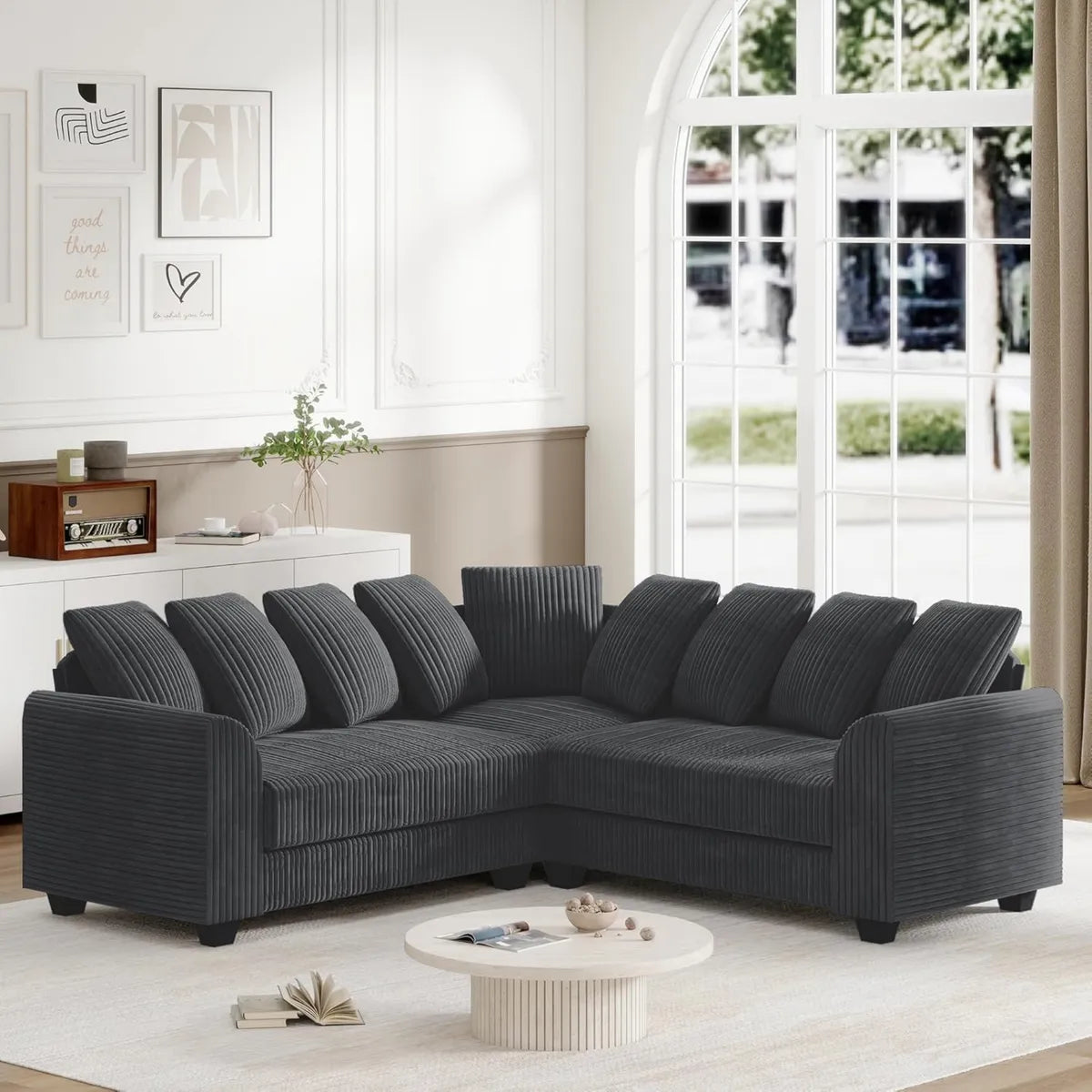Sofá modular en L de 5 plazas con cojines, ideal para salón, maximiza el espacio en esquina, color gris