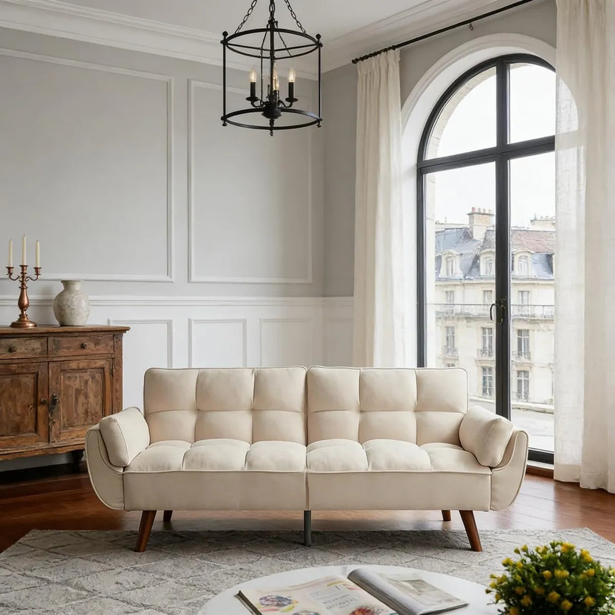 Sofá Cama Escandinavo JIEXI de 3 Plazas con Respaldo Ajustable y Tapicería Transpirable, Patas de Madera Maciza, Ideal para Salones y Pequeños Apartamentos, Beige