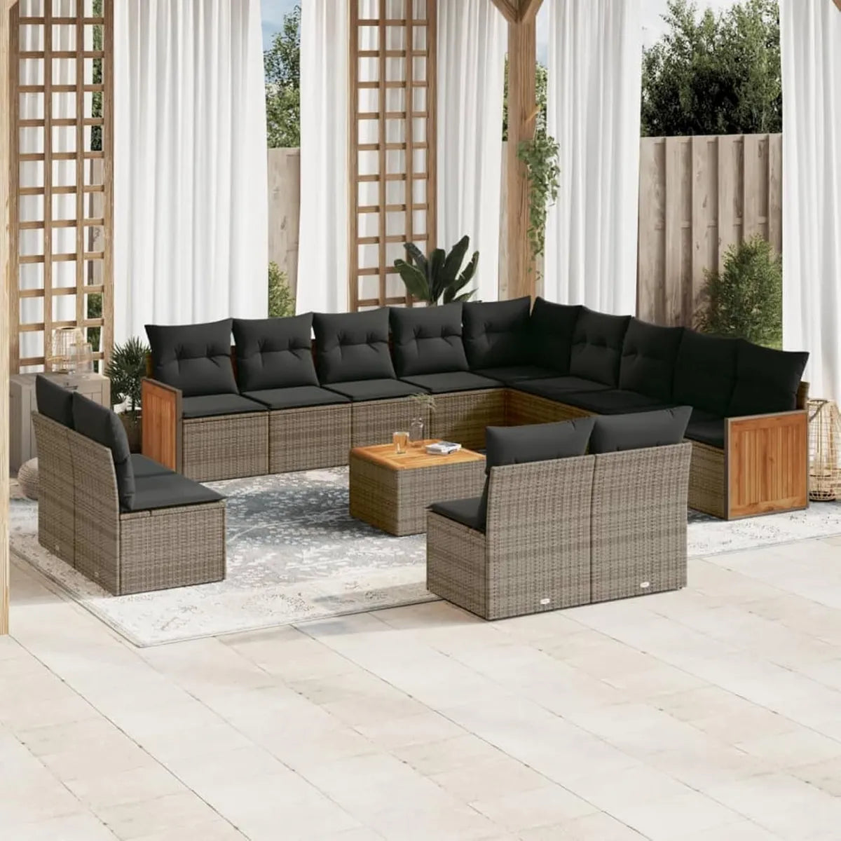 Conjunto de Sofás de Jardín 14 Piezas con Cojines, Ratán Sintético Gris