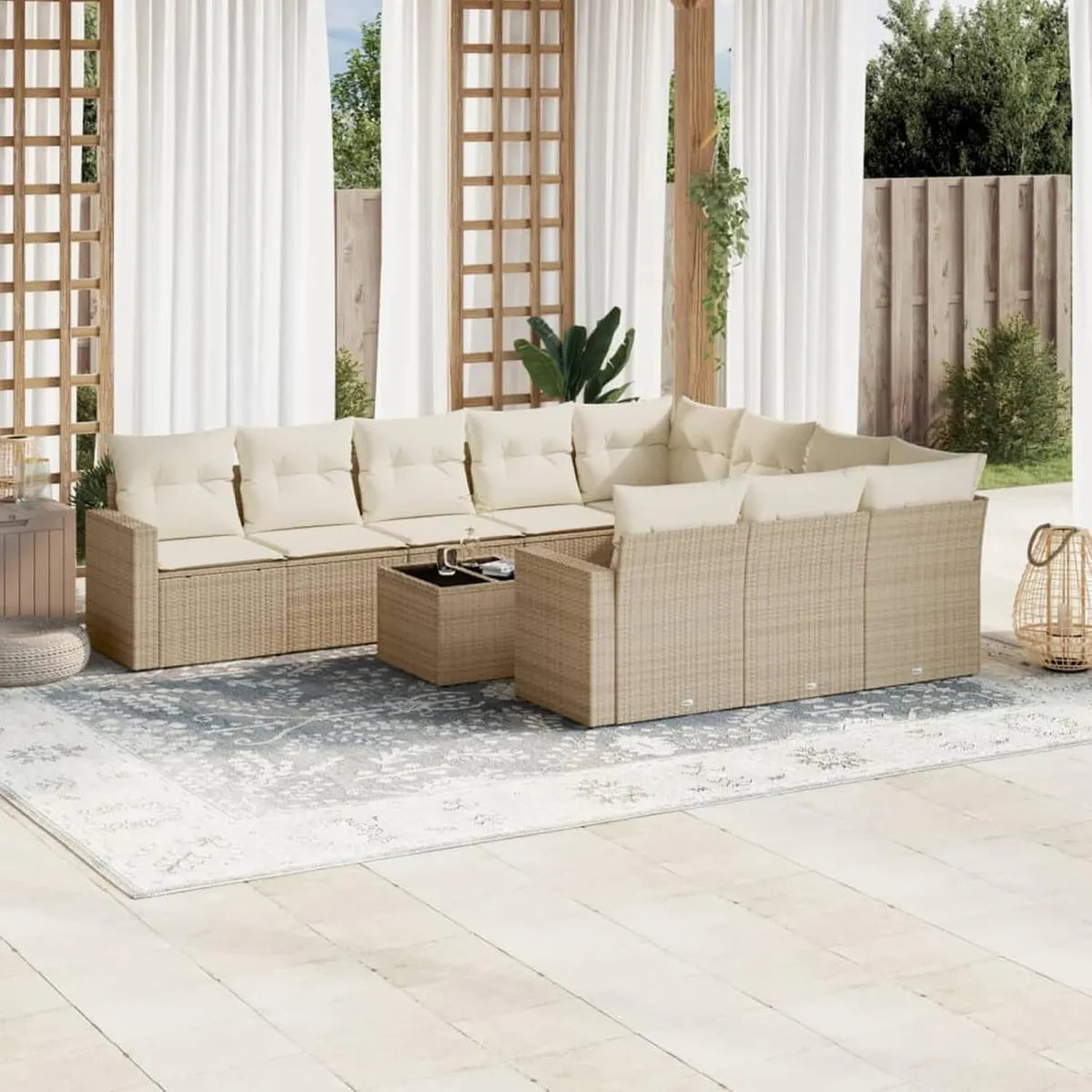 Conjunto de Sofás de Jardín 11 Piezas con Cojines Beige de Ratán Sintético