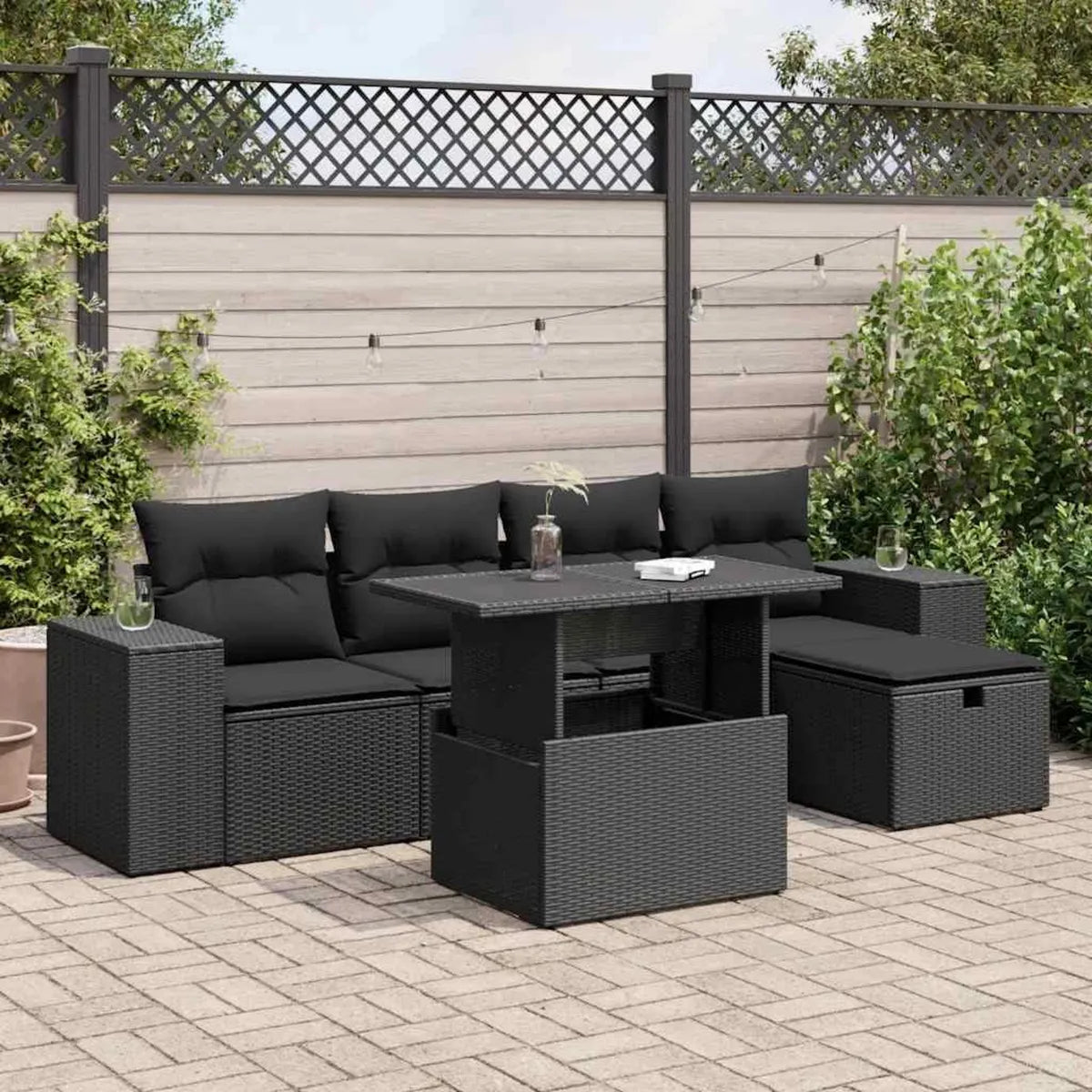 Conjunto de Muebles de Jardín 6 Piezas con Cojines Ratan Sintético Negro