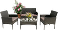 Juego de Muebles de Jardín para 4 Personas, Ratan Sintético, Sofá Doble, 2 Sillones, Mesa con Cristal, Negro