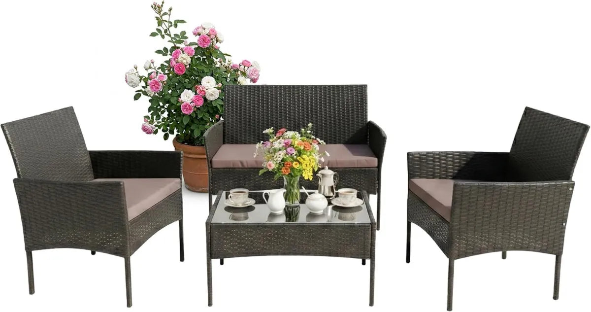 Juego de Muebles de Jardín para 4 Personas, Ratan Sintético, Sofá Doble, 2 Sillones, Mesa con Cristal, Negro