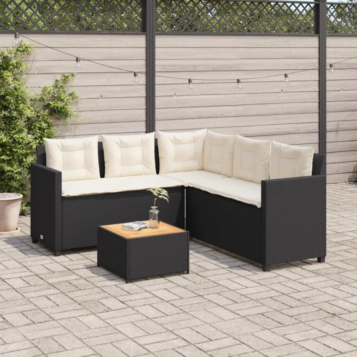 Set de Jardín de Ratán con Cojines para Terraza y Sofá Esquinero con Mesa Centro Exterior Negro y Blanco Crema