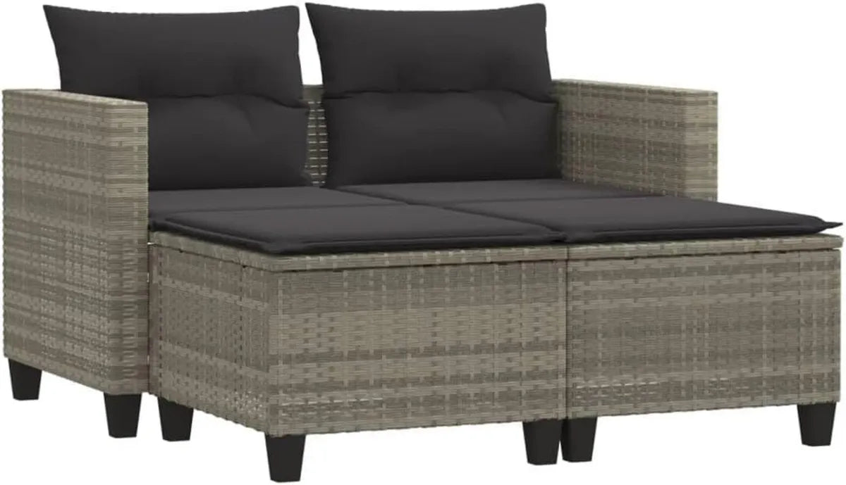 Sofá de Jardín 2 Plazas con Toldo y Taburetes, Mueble Exterior de Ratán Gris