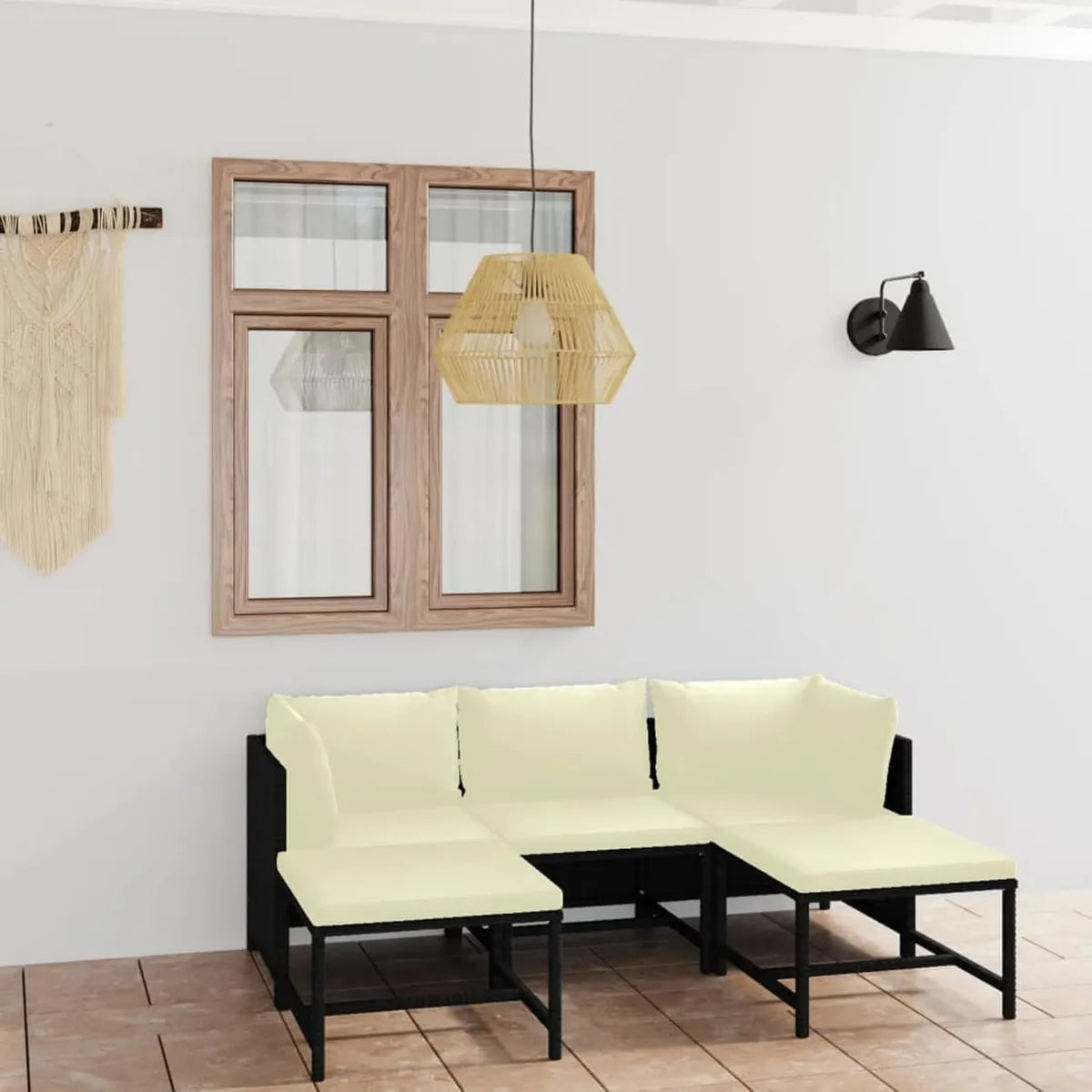 Conjunto de Muebles de Jardín de Ratán 6 Piezas, Sofá Exterior con Cojines Negros