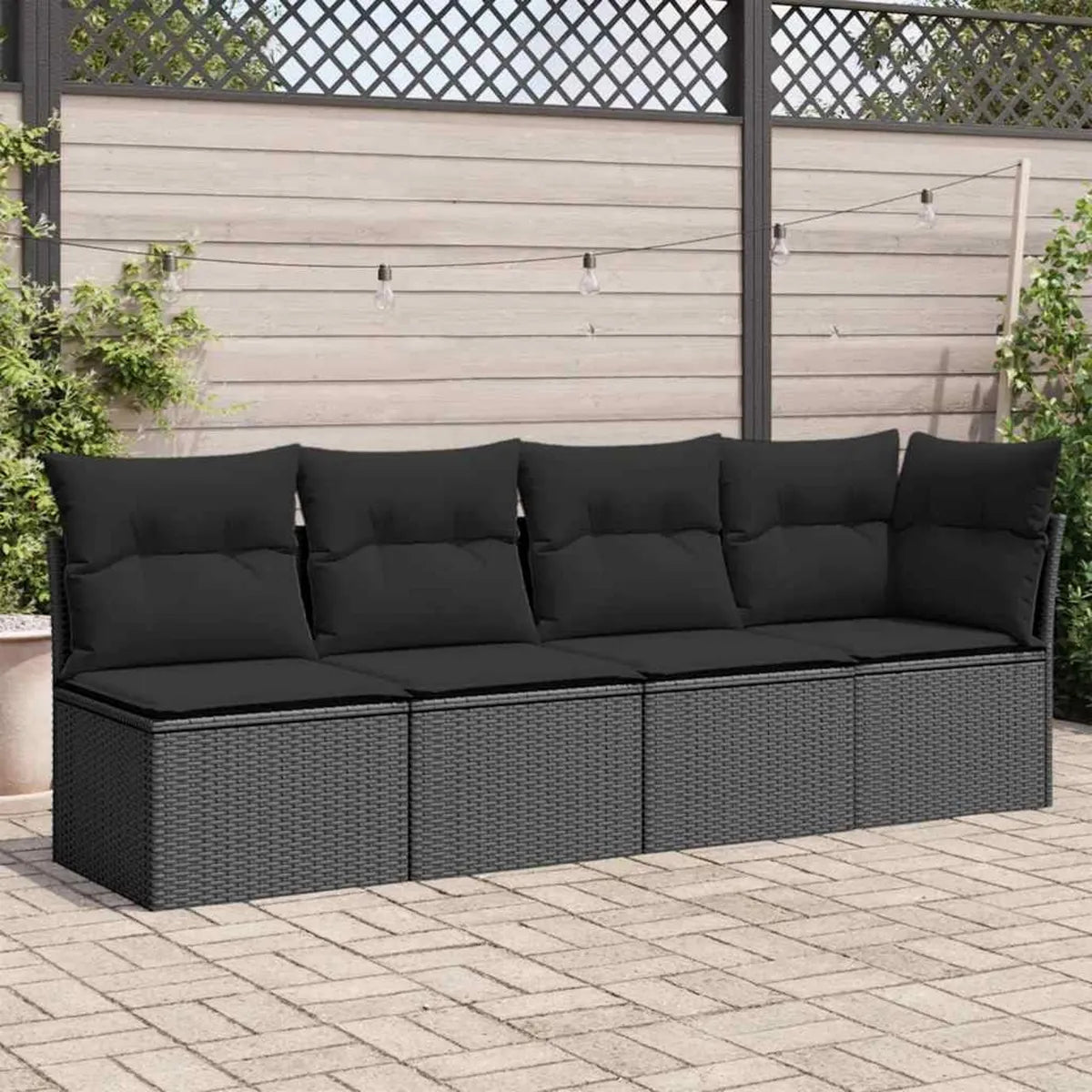 Sofá Modular de Ratan Sintético Negro, 4 Plazas, Cojines Resistentes, Ideal para Jardín y Terraza