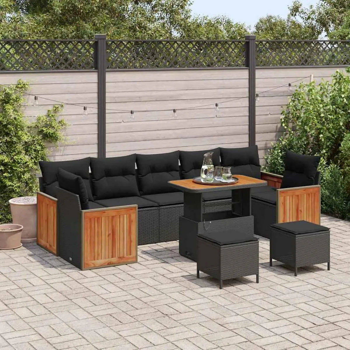 Sofá de Exterior para 4 Personas, Diseño Moderno y Elegante, Negro, Asientos Confortables