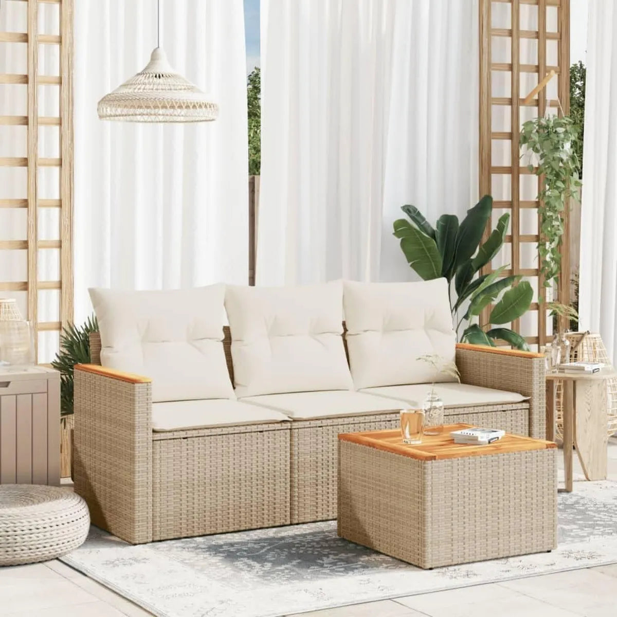Sofá de Jardín de Ratán para 3 Personas con Almacenamiento y Mesa Auxiliar, Muebles de Terraza Beige