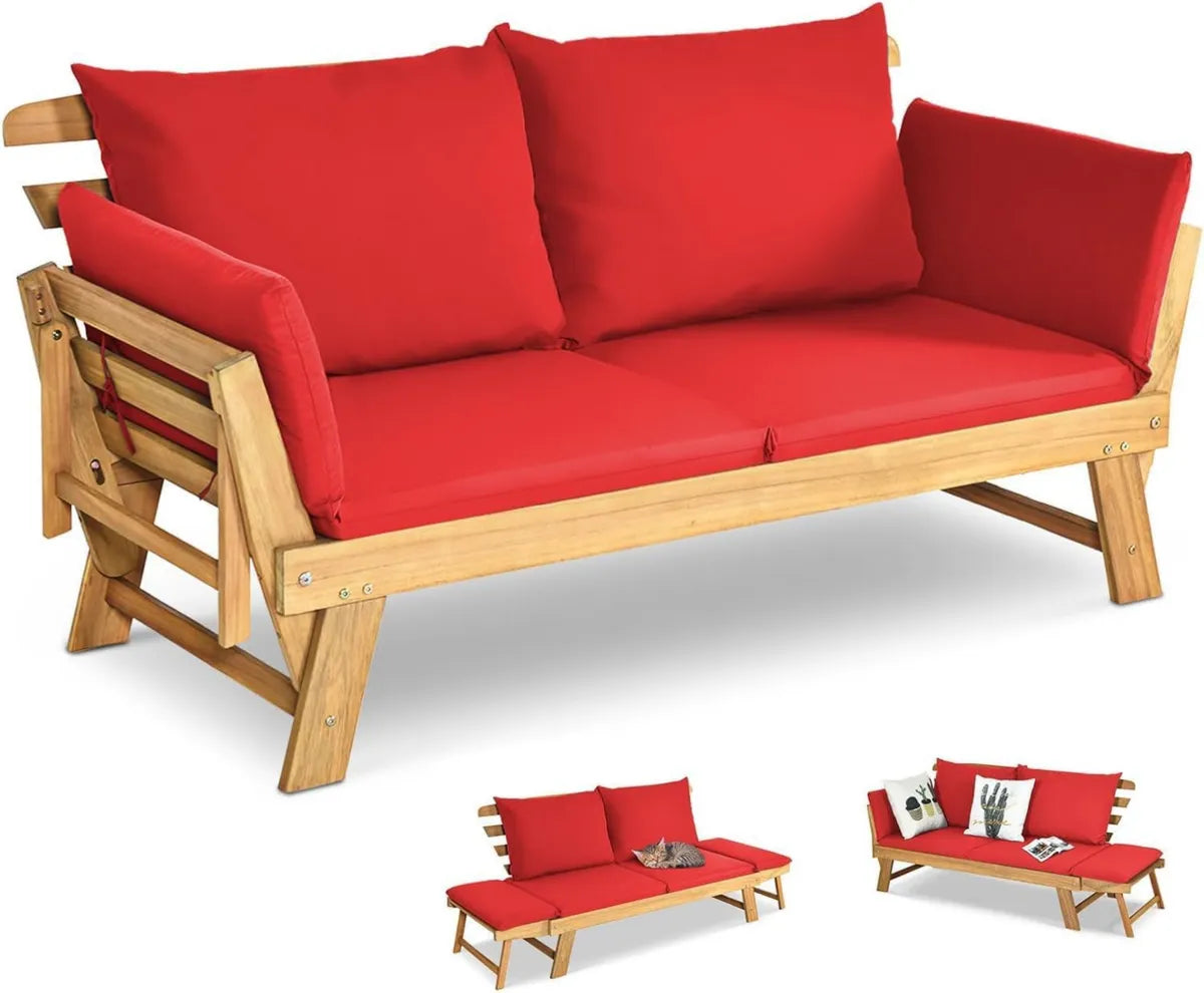 Sofá Cama Exterior 2 Plazas Multifuncional con Cojines, Madera de Acacia, Rojo