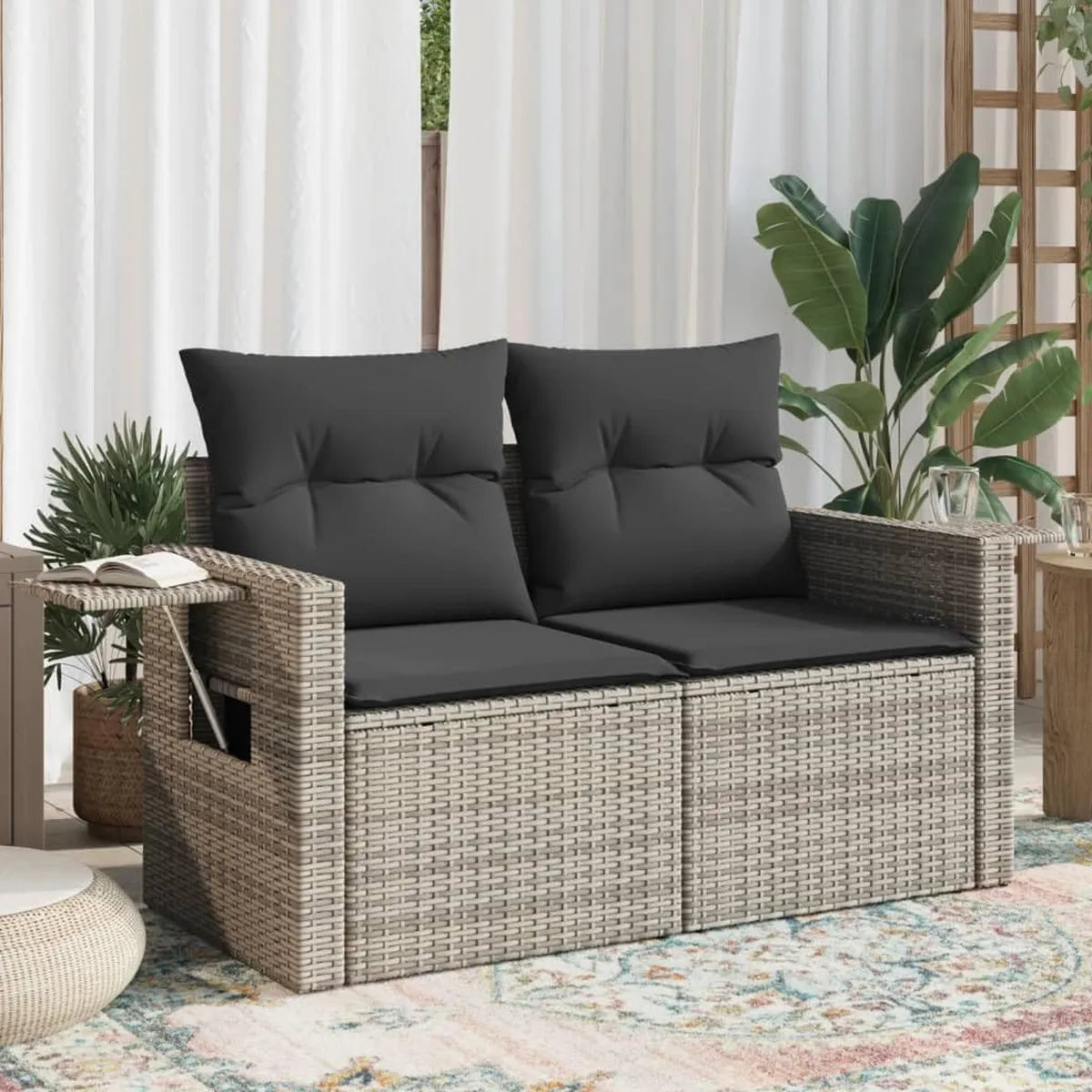 Sofá de Rattan de 2 Plazas con Almacenaje para Jardín y Terraza, Incluye Cojines