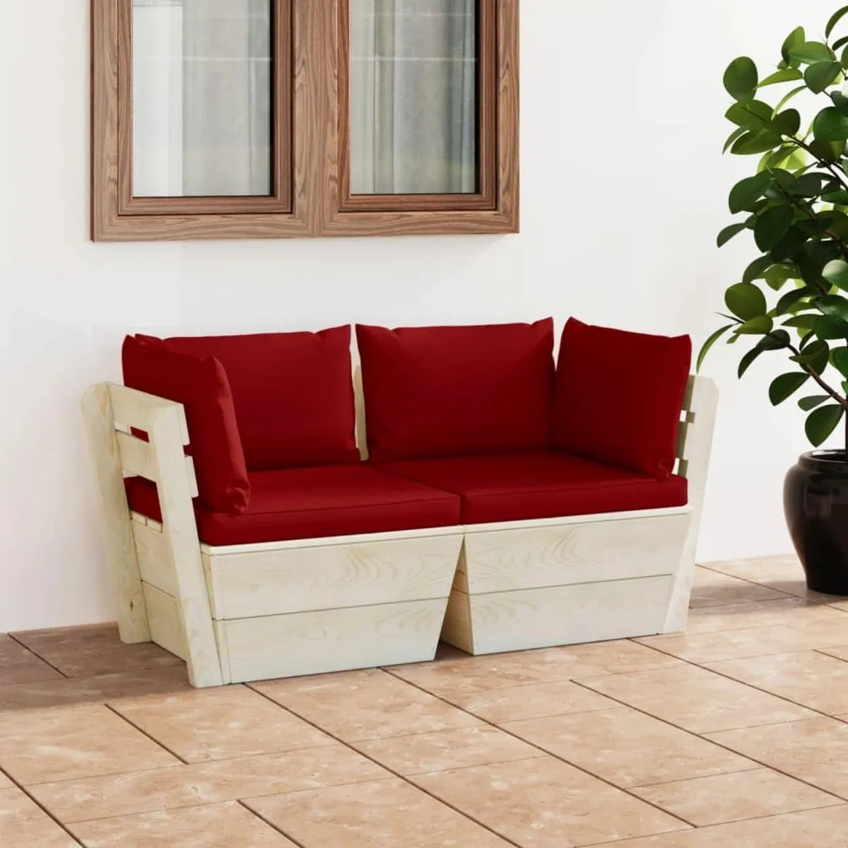 Sofá de Jardín 2 Plazas con Cojines, Madera de Abeto Rojo Vino, 60x60x65 cm, Muebles Exteriores para Terraza y Balcón