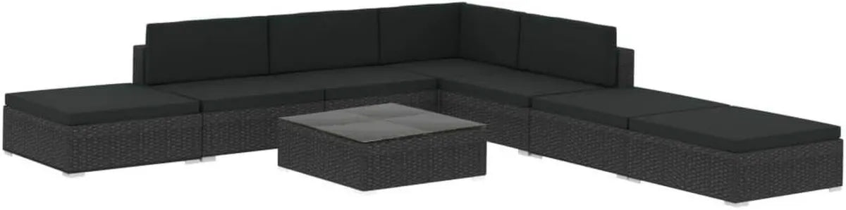 Conjunto de Jardín 8 Piezas de Ratán Sintético Negro con Sofá Esquinero, Mesa y Cojines Lavables