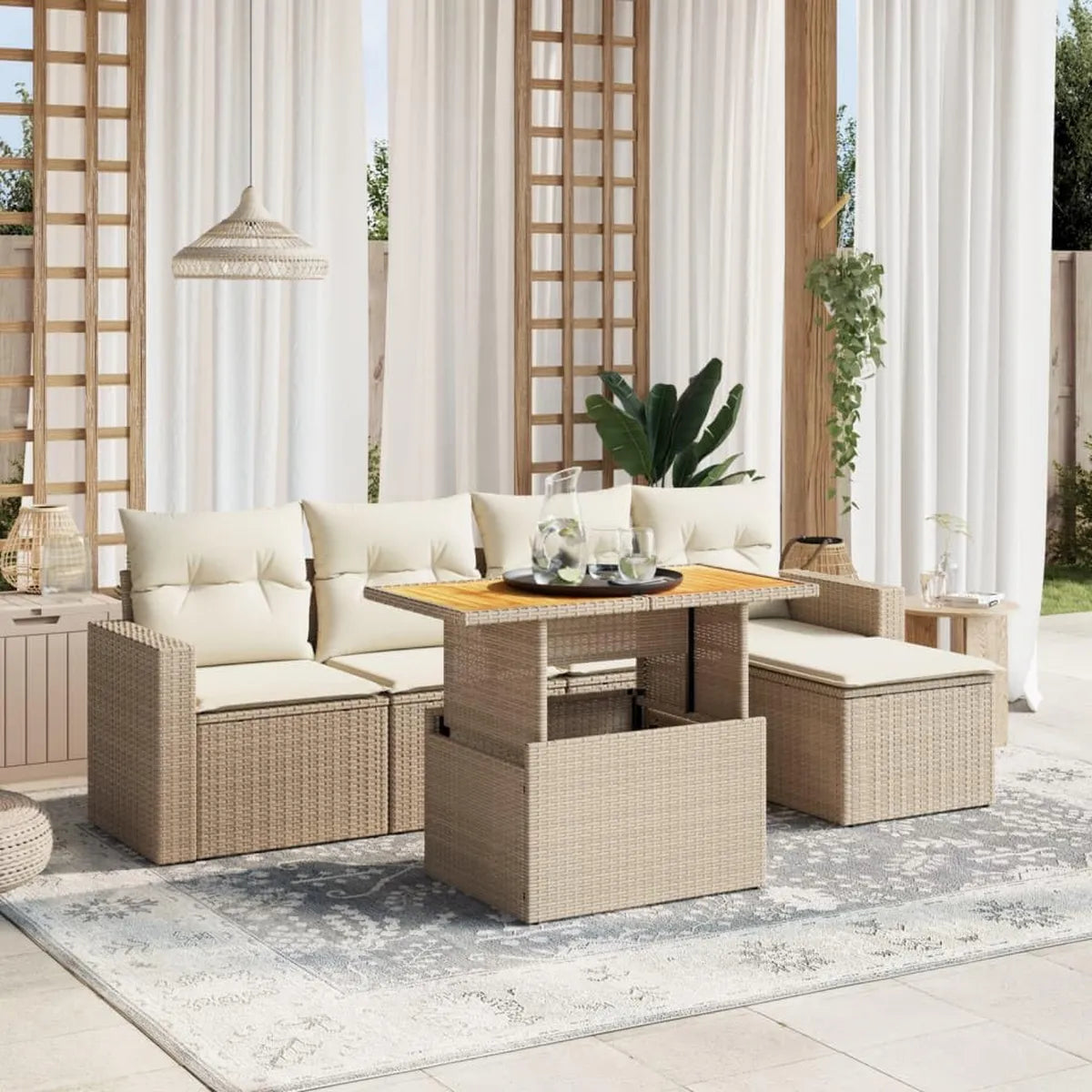 Conjunto de Sofás de Jardín de Ratán Sintético Beige con Cojines, 6 Piezas
