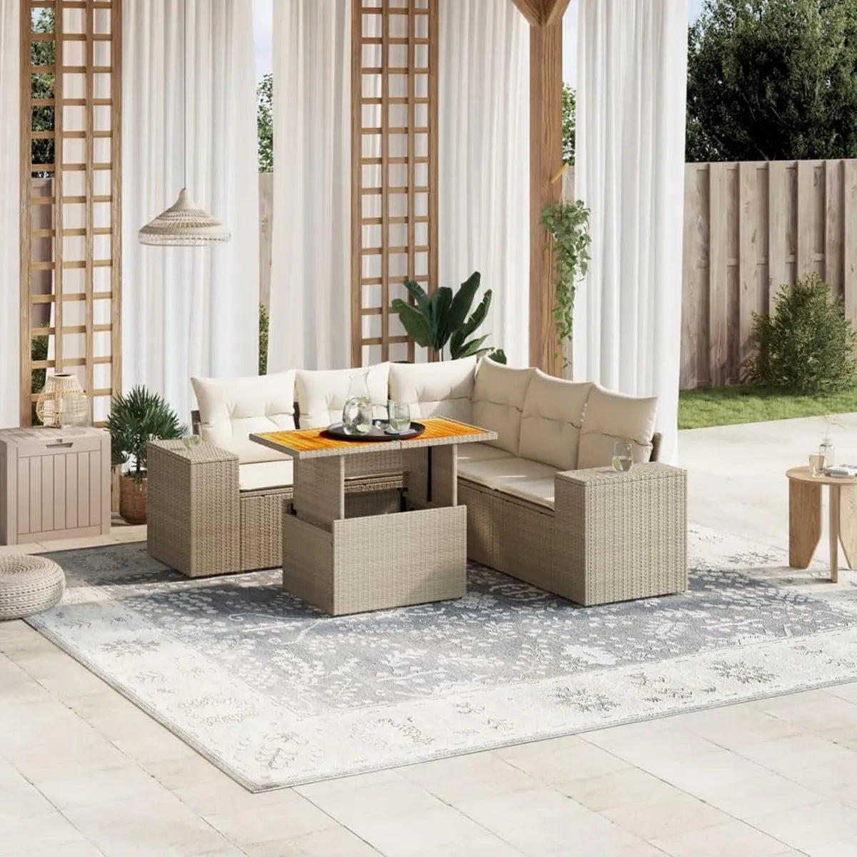 Conjunto de Sofás de Jardín de Ratán Sintético Beige con Cojines, 6 Piezas