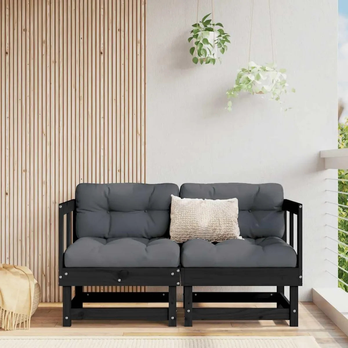 Sofá esquinero negro de madera maciza de pino con cojines, modular y ampliable para jardín y terraza