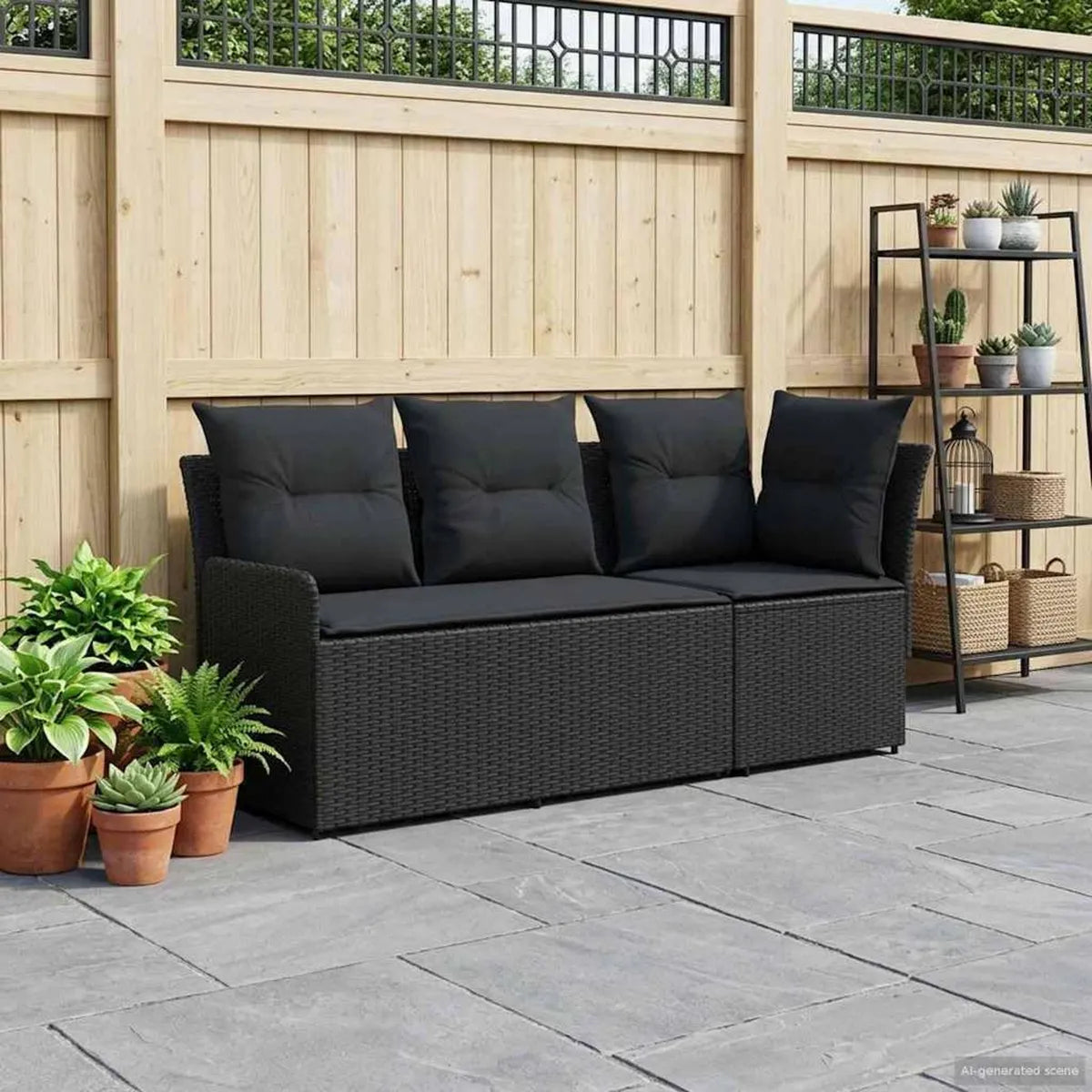Conjunto de Sofá Esquinero de Jardín Negro, Ratán Sintético, Resistente a la Intemperie