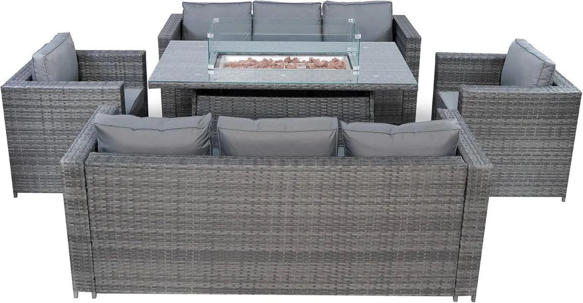 Juego de Muebles de Jardín de Ratán para 8 Personas con Mesa de Fuego a Gas, Sofá Modular Exterior con Cojines y Sillones, Color Gris