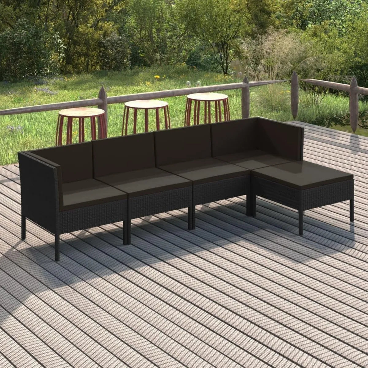 Conjunto de Sofás Modulares de Ratán Sintético Negro para Jardín con Cojines y Reposapiés, Muebles de Terraza Resistentes al Clima