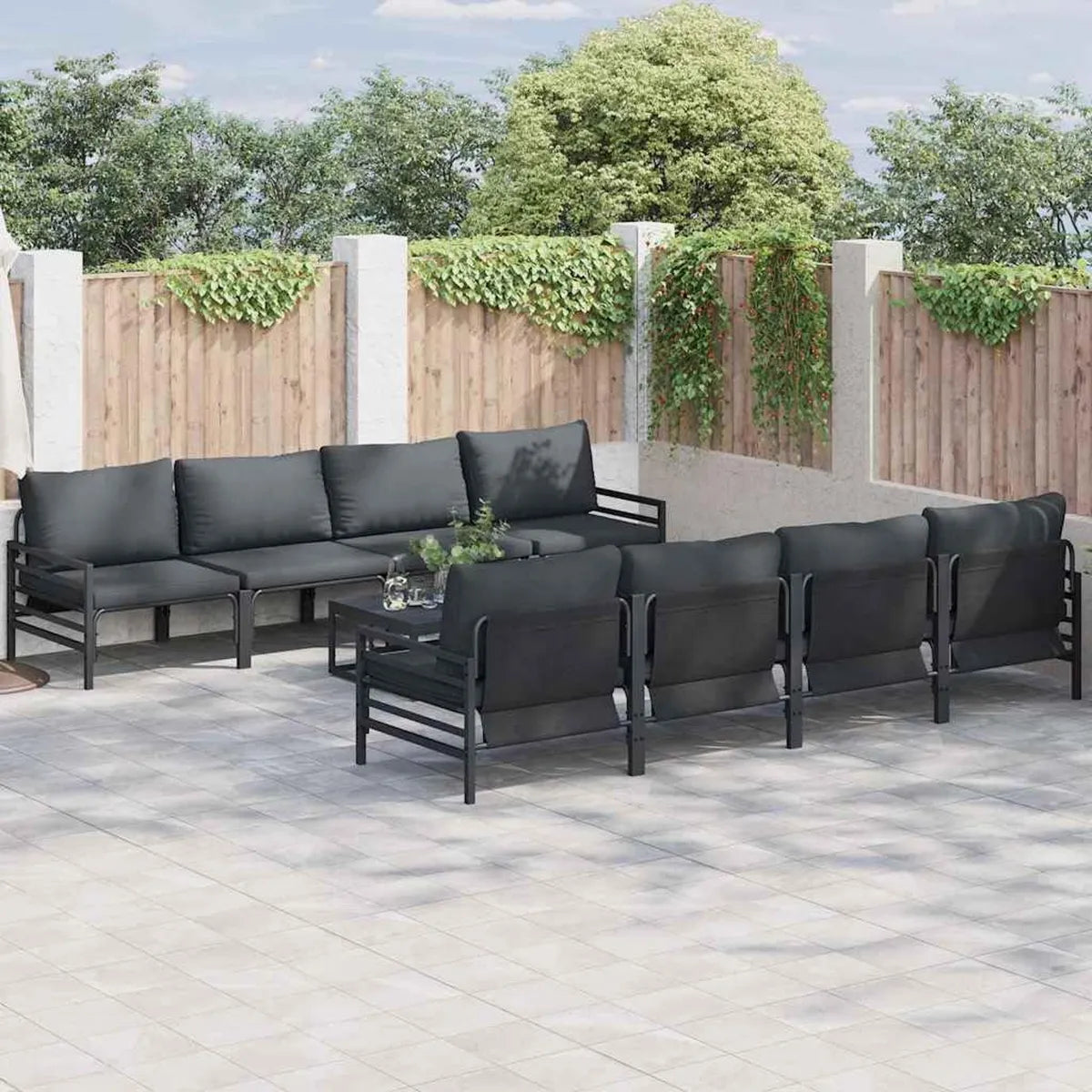 Conjunto de Sofás de Jardín Modulares Negros con Cojines, Estructura de Acero Resistente para Exterior