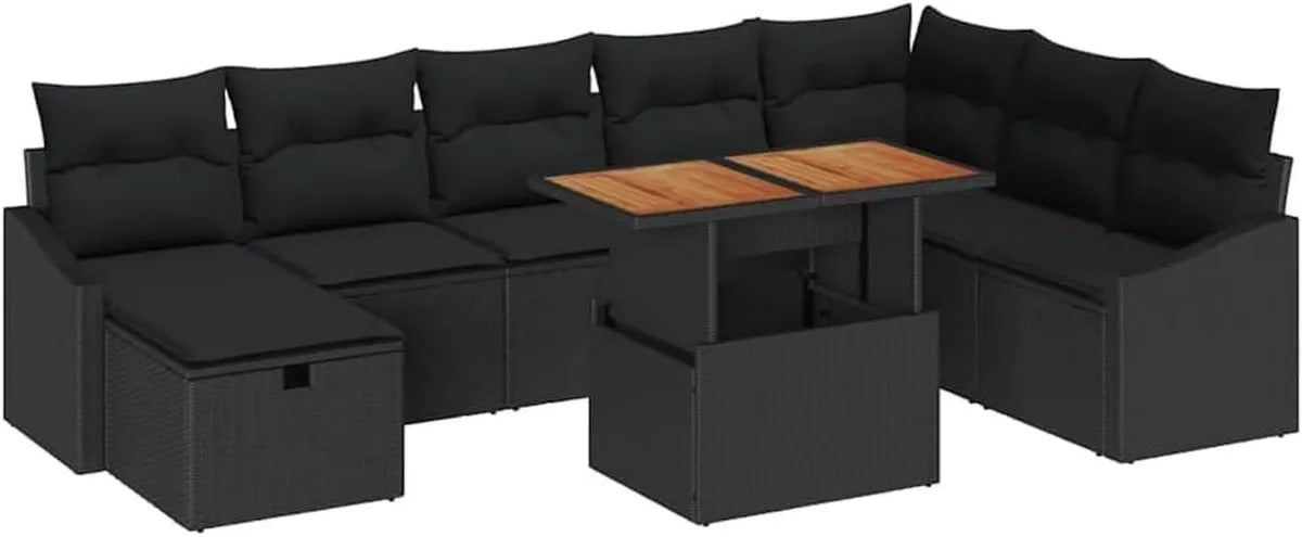 Conjunto Modular de Sofás de Jardín 9 Piezas en Ratán Sintético Negro, Muebles de Exterior Resistentes al Sol