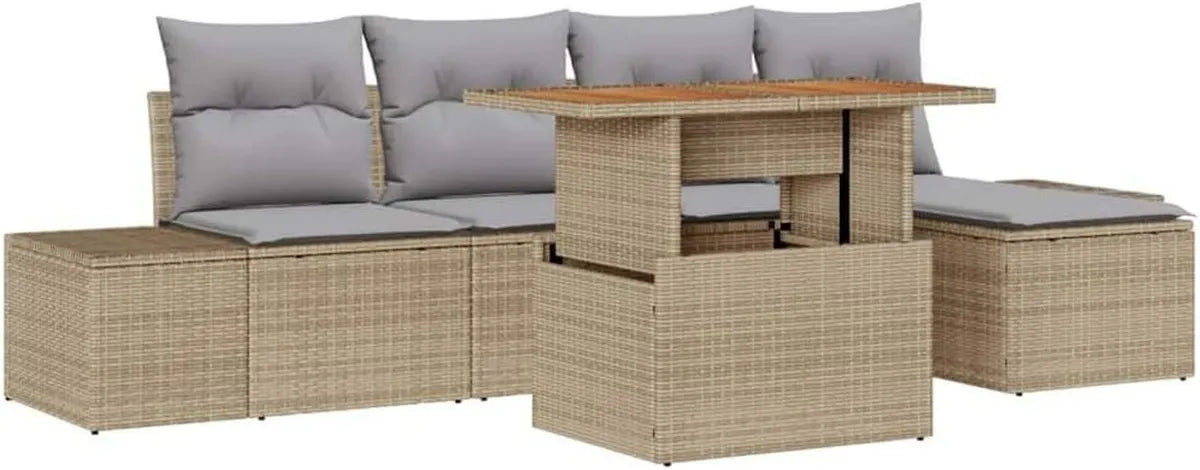 Conjunto de Sofá Modular Exterior 6 Piezas Beige y Gris, Resistente a UV, Polirratán Ligero para Jardín