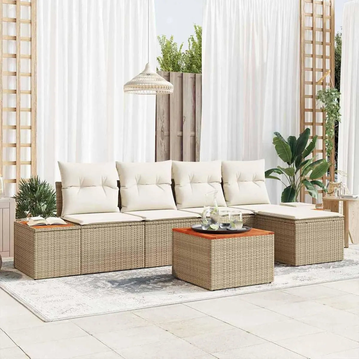 Sofá Modular de Exterior Beige con Almacenamiento y Cojines Acolchados | Ratán | 6 Plazas