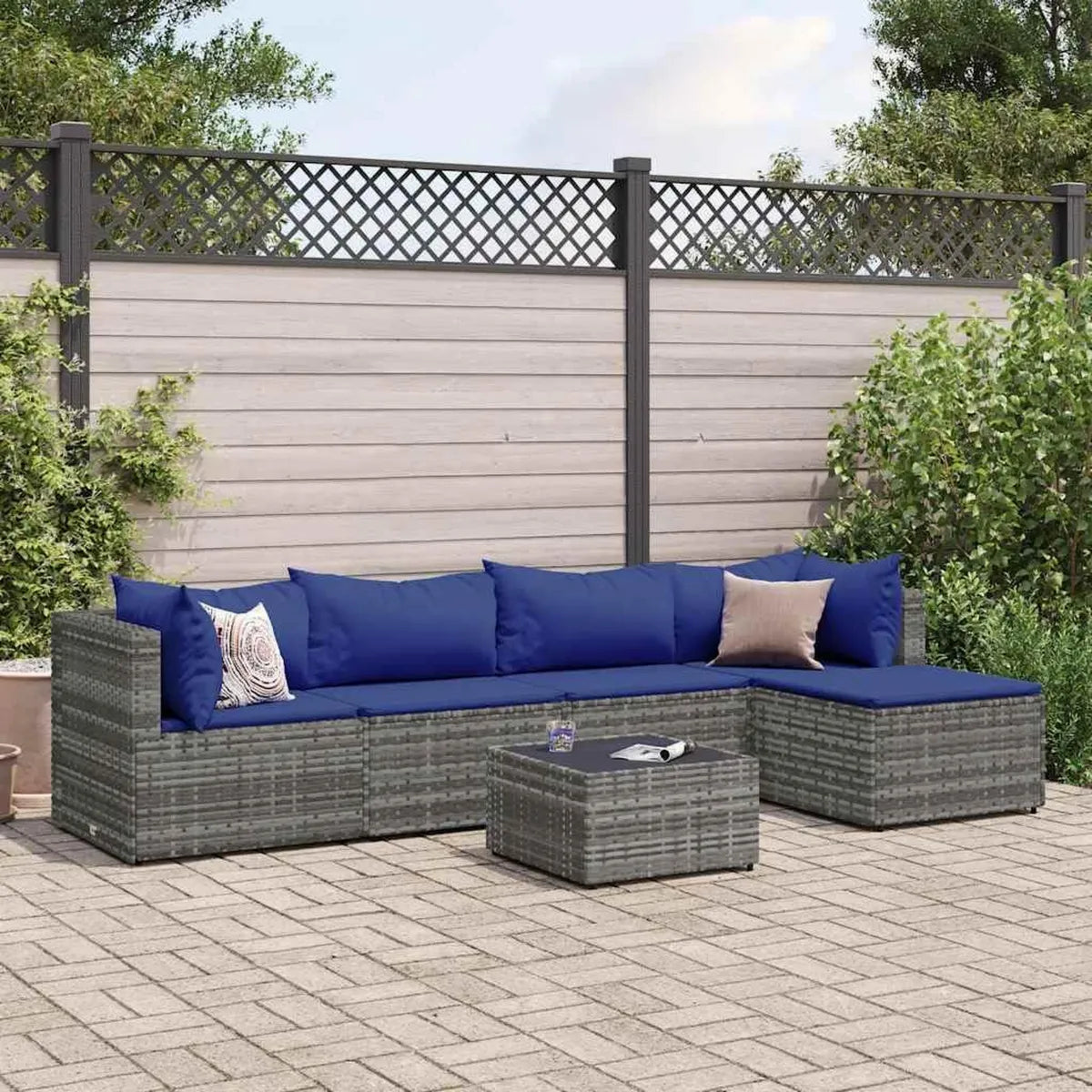Conjunto de Muebles de Jardín de Ratán Sintético Gris con Cojines, Sofá Modular Exterior para Terraza y Balcón