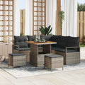 Conjunto de muebles de jardín 8 piezas, gris, ratán y madera de acacia, sofá exterior modular con almacenamiento