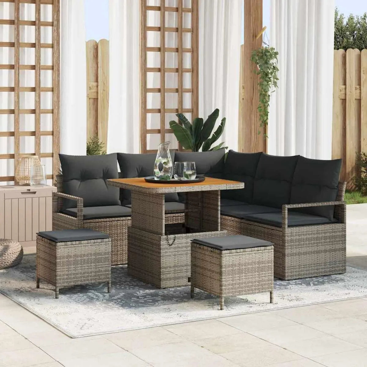 Conjunto de muebles de jardín 8 piezas, gris, ratán y madera de acacia, sofá exterior modular con almacenamiento