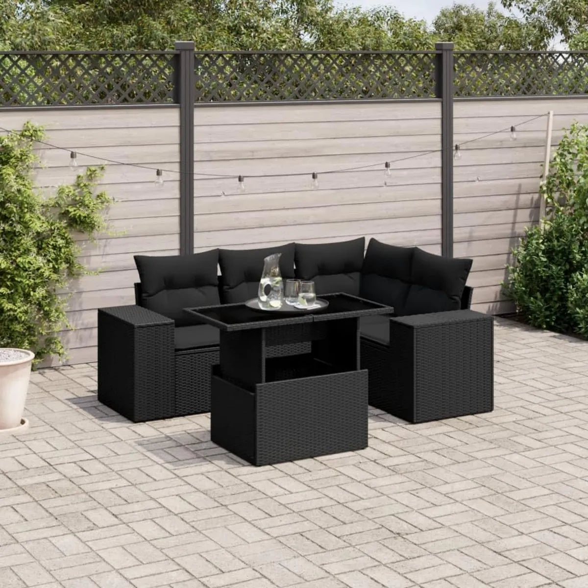 Conjunto de Sofás de Jardín Homgoday de 5 Piezas con Cojines para Balcón en Negro