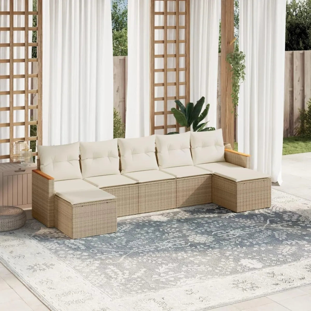 Conjunto de Muebles de Jardín Esquina en Beige, 7 Piezas con Almacenamiento